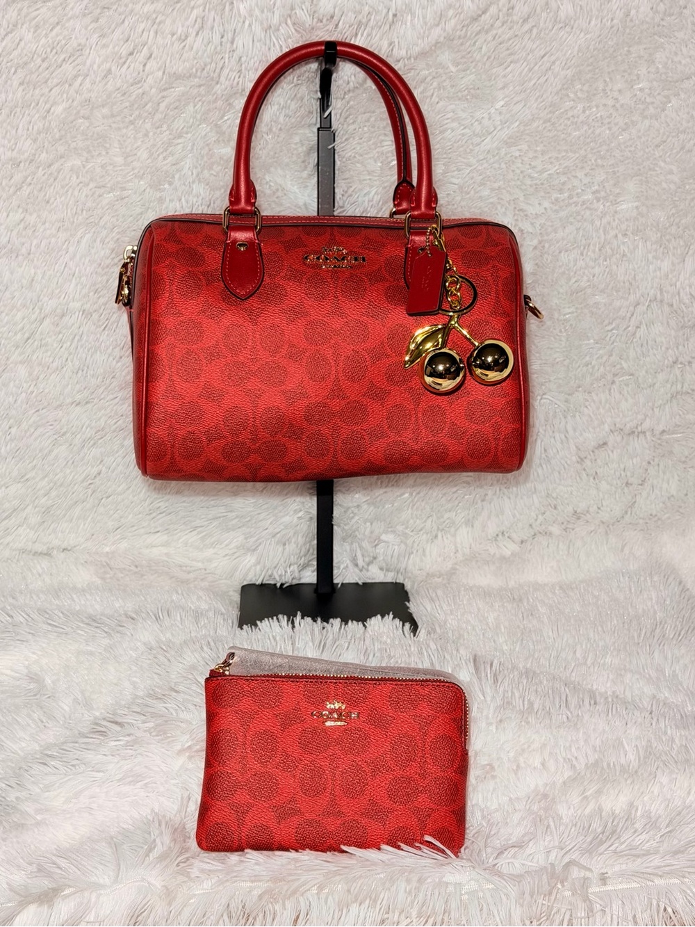 Coach Rowan Satchel Bag In Signature Canvas Crimson/Gold W/Wallet & 🍒 charm NWT